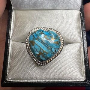 Ring 925 Sterling Silver Blue Dahlia Turquoise Heart Statement